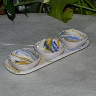 Service apéritif avec bols Marbré jaune, bleu et blanc