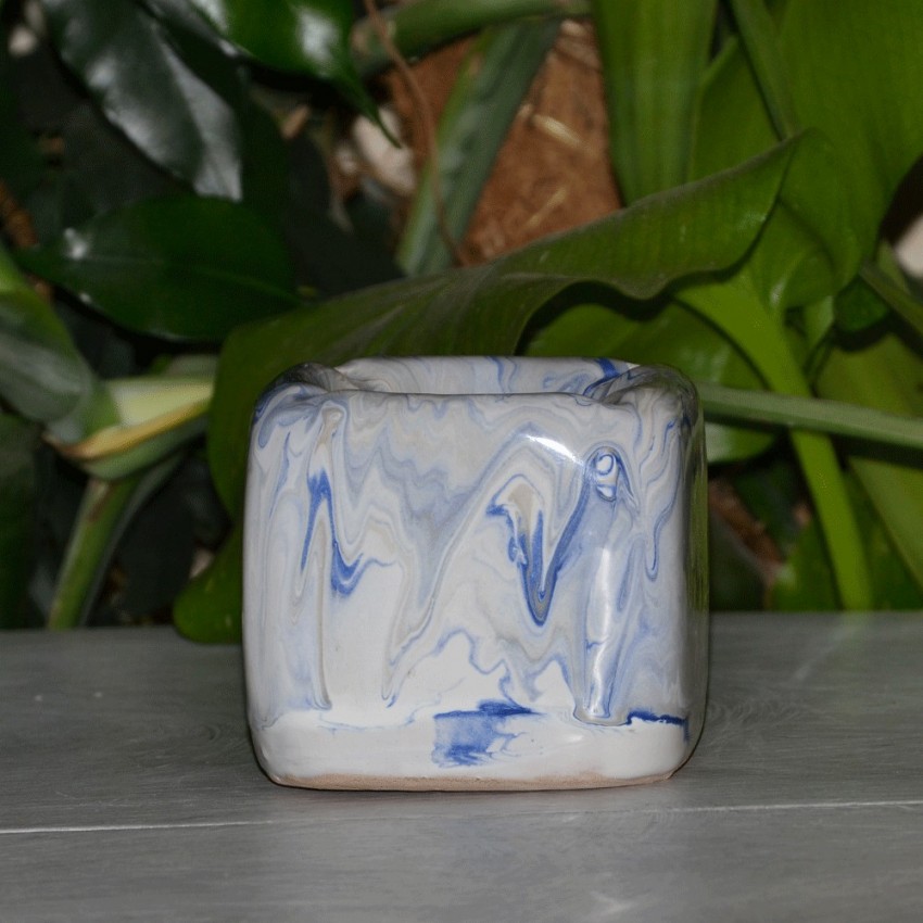 Cendrier anti fumée Cube marbré bleu, gris et  blanc