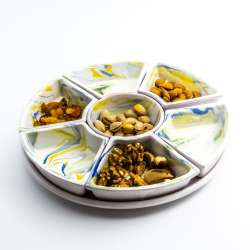 Service apéritif Marbré Jaune et Bleu