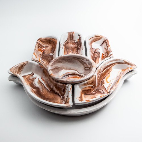 Service apéritif Main de Fatma Marbré Marron et Orange