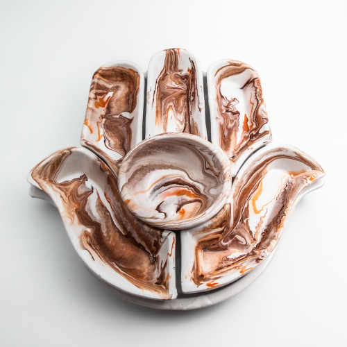 Service apéritif Main de Fatma Marbré Marron et Orange