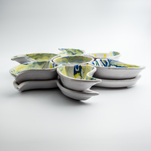 Service apéritif Etoile Marbré Bleu et Jaune