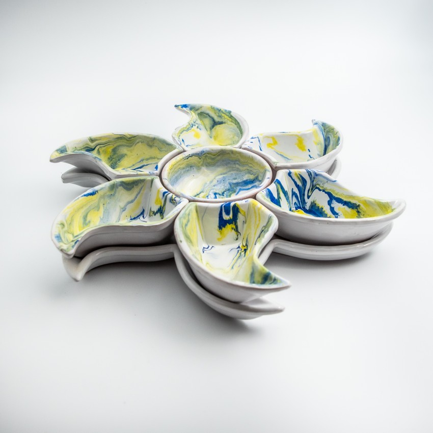 Service apéritif Etoile Marbré Bleu et Jaune