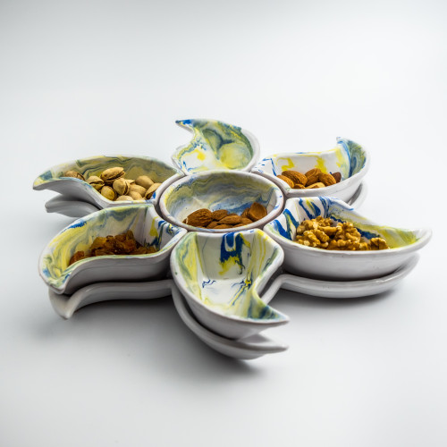 Service apéritif Etoile Marbré Bleu et Jaune 2