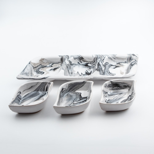 Service apéro tri-bols Feuilles Marbré Noir