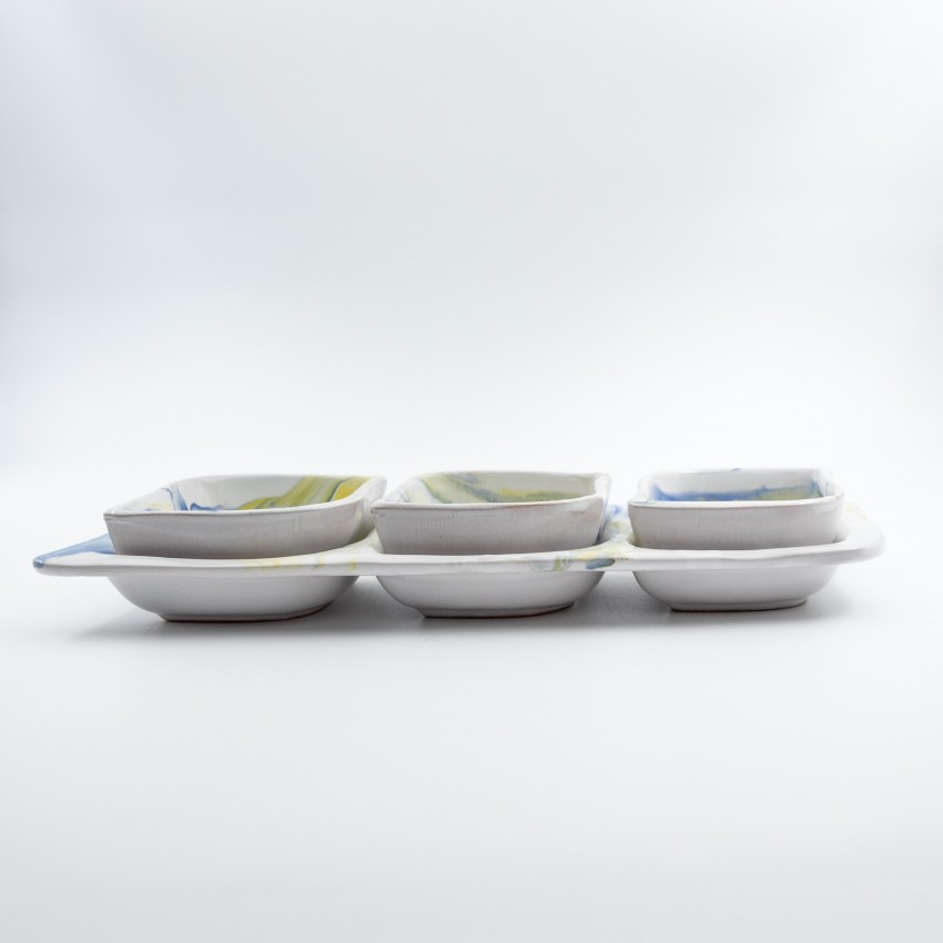 Service apéro tri-bols Feuilles Marbré Bleu et Jaune