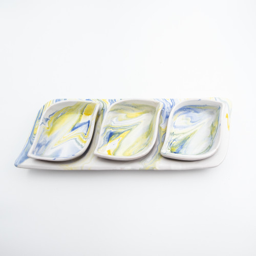 Service apéro tri-bols Feuilles Marbré Bleu et Jaune