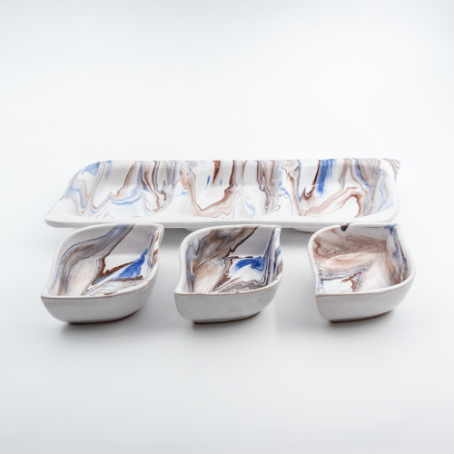 Service apéro tri-bols Feuilles Marbré Marron et Bleu