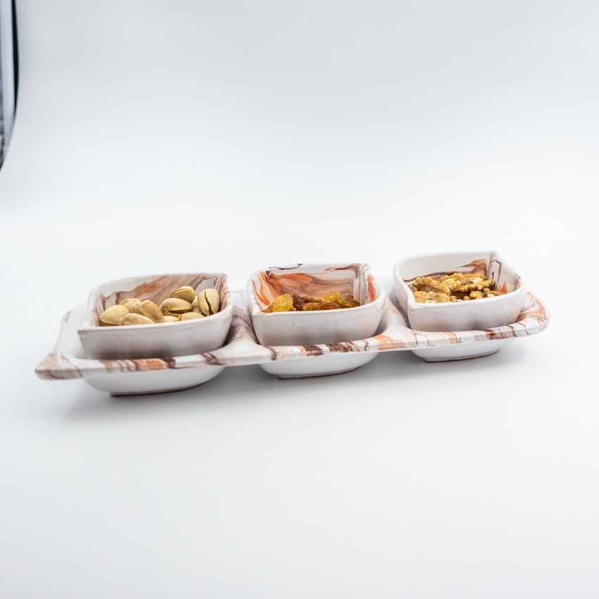 Service apéro tri-bols Feuilles Marbré Marron et Orange