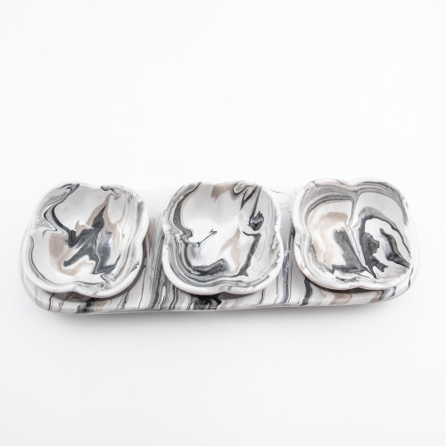 Service apéro tri-bols Fleur Marbré Noir