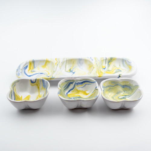 Service apéro tri-bols Fleurs Marbré Bleu et Jaune