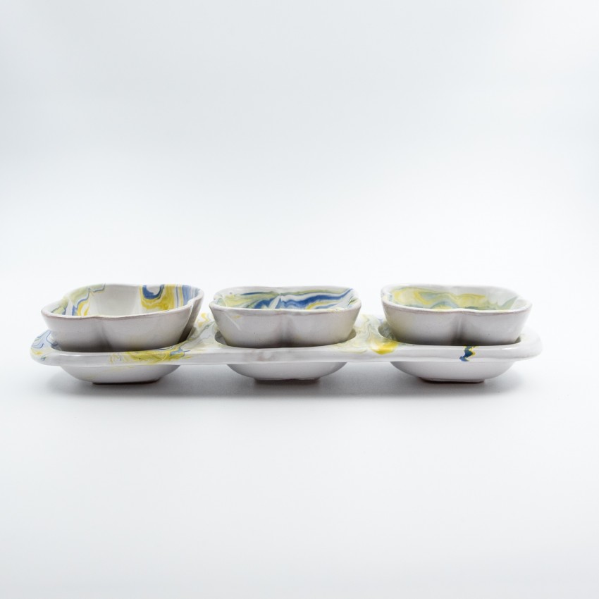 Service apéro tri-bols Fleurs Marbré Bleu et Jaune