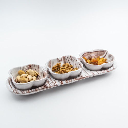Service apéro tri-bols Fleurs Marbré Marron et Gris