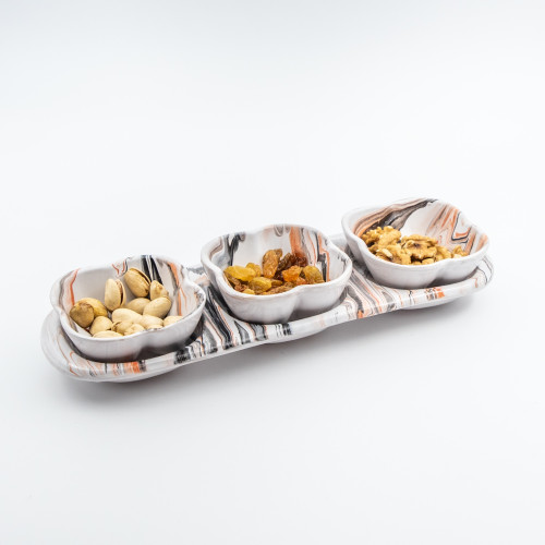 Service apéro tri-bols Fleurs Marbré Rouge et Noir