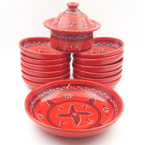 Service à couscous assiettes jattes avec plat jatte Tatoué rouge - 12 pers