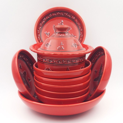 Service à couscous assiettes jattes avec plat jatte Tatoué rouge - 8 pers 2