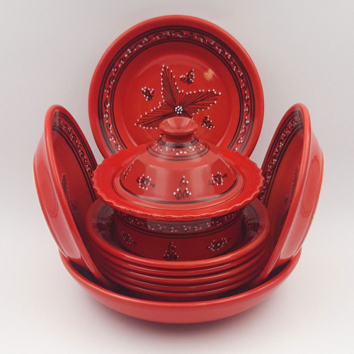 Service à couscous assiettes creuses avec plat jatte Tatoué rouge - 8 pers