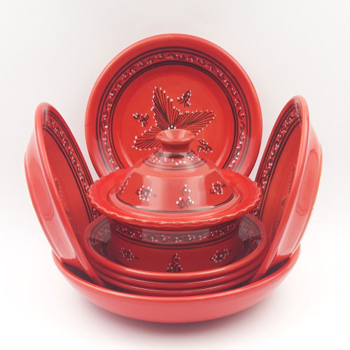 Service à couscous assiettes creuses avec plat jatte Tatoué rouge - 6 pers 2