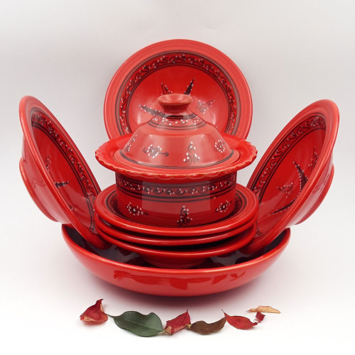 Service à couscous assiettes Tebsis avec plat jatte Tatoué rouge - 6 pers