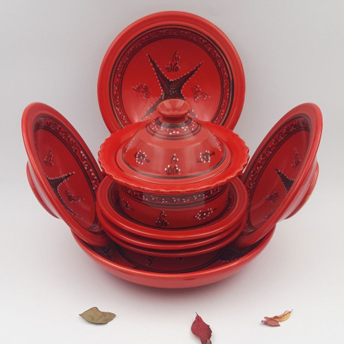 Service à couscous assiettes Tebsis avec plat jatte Tatoué rouge - 6 pers 2