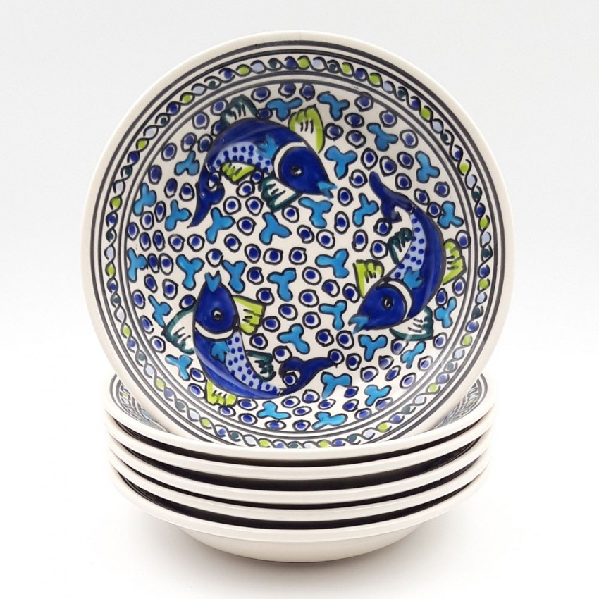 Lot de 6 assiettes creuses Poissons Bleus - D 24 cm