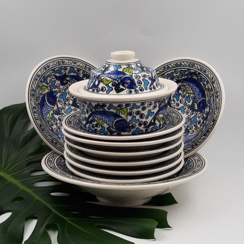 Service à couscous assiettes Tebsi Poissons Bleus - 8 pers