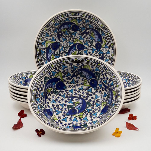 Service à couscous assiettes creuses Poissons Bleus- 12 pers