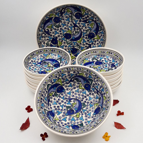 Service à couscous assiettes jattes  Poissons Bleus - 12 pers