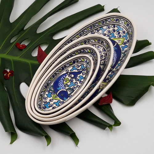 Lot de 4 plats ovales Poissons Bleus