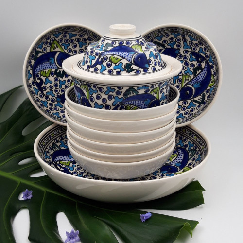 Service à couscous assiettes jattes  Poissons Bleus - 8 pers