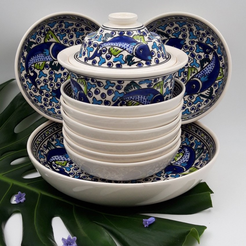 Service à couscous assiettes jattes  Poissons Bleus - 8 pers