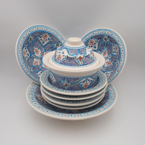 Service à couscous Marocain turquoise assiettes Tebsi - 6 pers