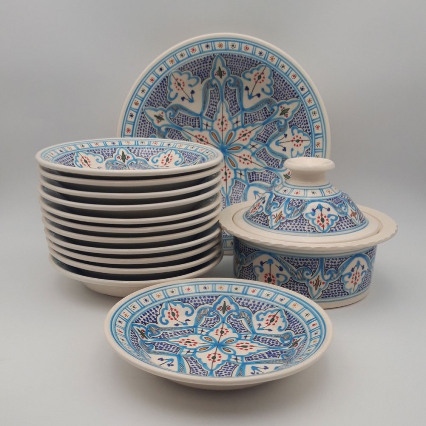 Service à couscous Marocain turquoise assiettes creuses - 12 pers