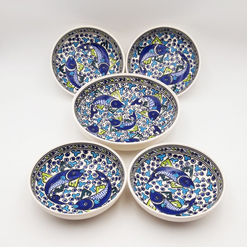 Service à couscous assiettes creuses jatte Poissons Bleus - 4 pers