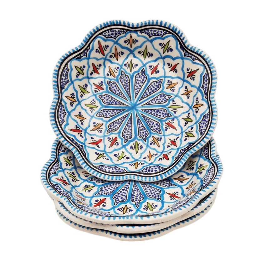 Lot de 4 assiettes creuses Bakir Turquoise en céramique – Forme fleur 23 cm