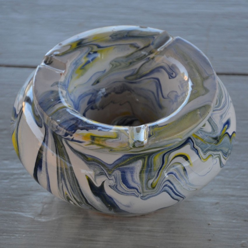 Cendrier anti fumée marbré blanc jaune et bleu - Grand modèle