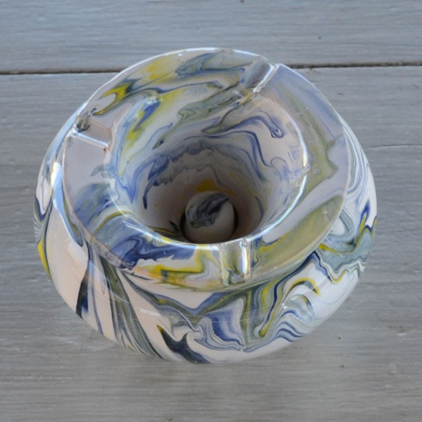 Cendrier anti fumée marbré blanc jaune et bleu - Grand modèle